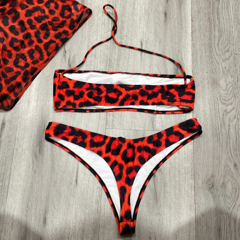 3 Piece Red and Black Animal Print High Waist Thong Swimsuit - Picture 6 of 8